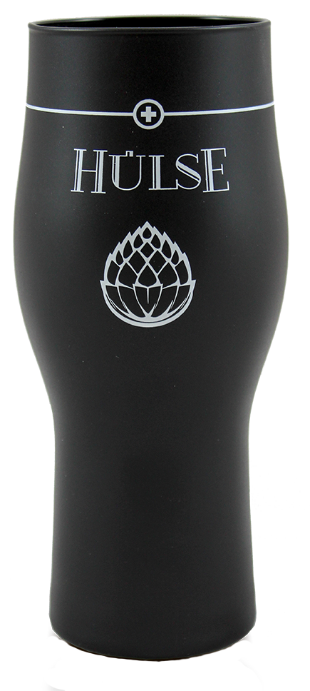 Schönes schwarzes Glas mit bedrucktem Hülse-Logo