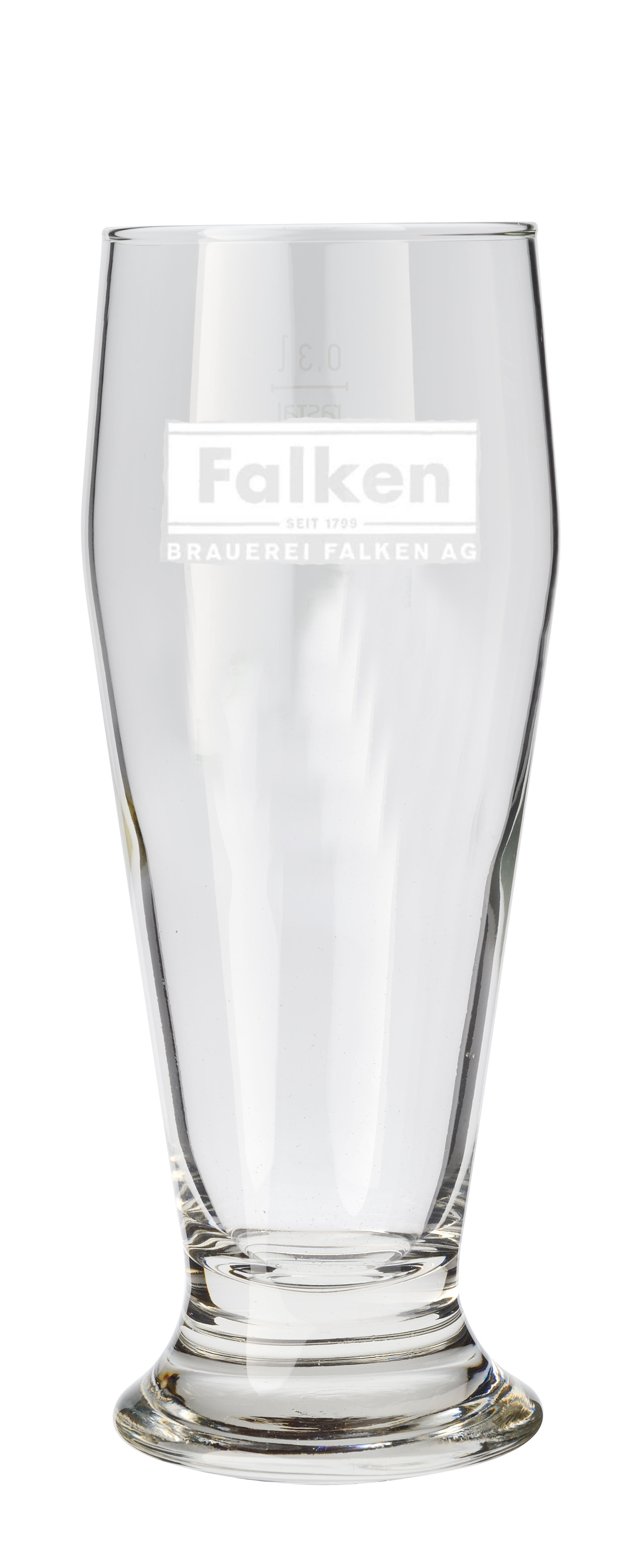 Typisches Bier-Stangenglas mit graviertem Falken-Logo