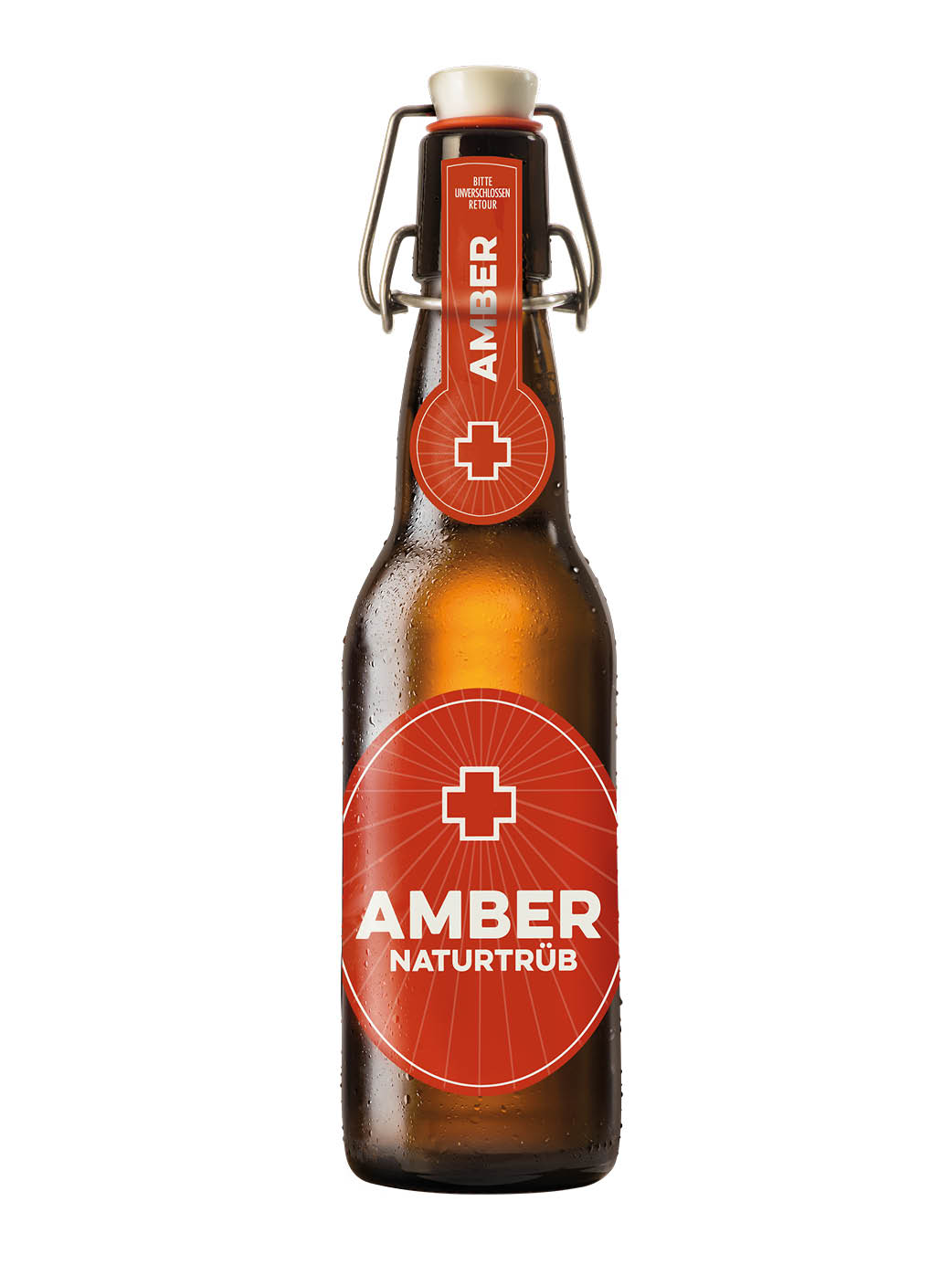 Braune Bierflasche mit Bügel, 33 cl Inhalt, abgefüllt mit dem Amber Naturtrüb von Falken mit roter Etikette