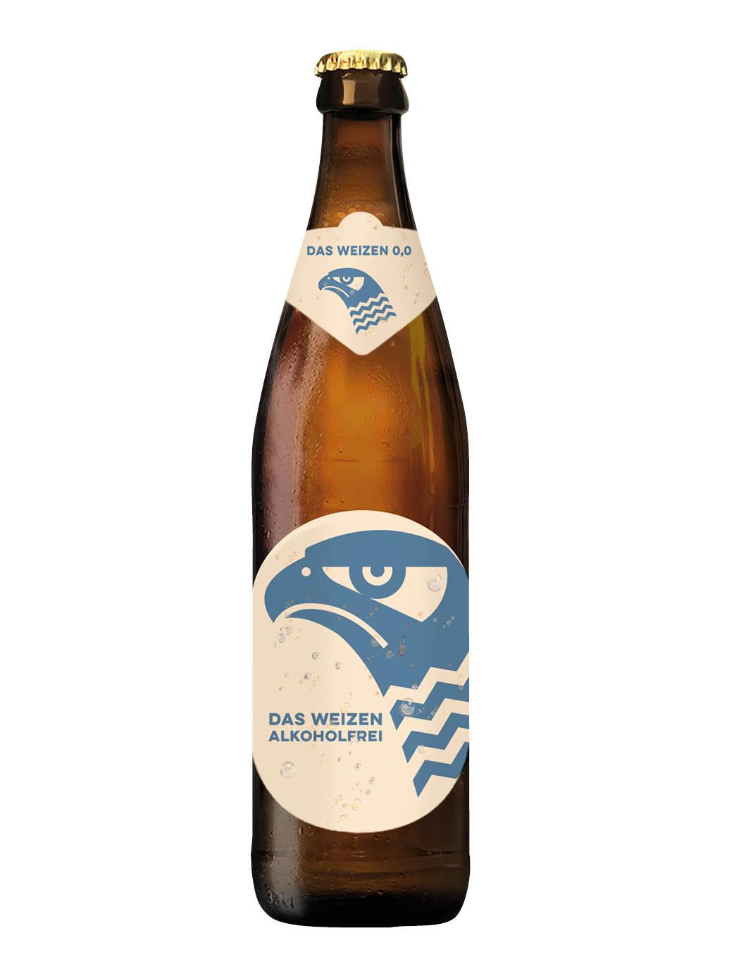 Braune Bierflasche mit 50 cl Inhalt, abgefüllt mit dem Weizen alkoholfrei von Falken mit blauem Retro-Falken auf der hellen Etikette
