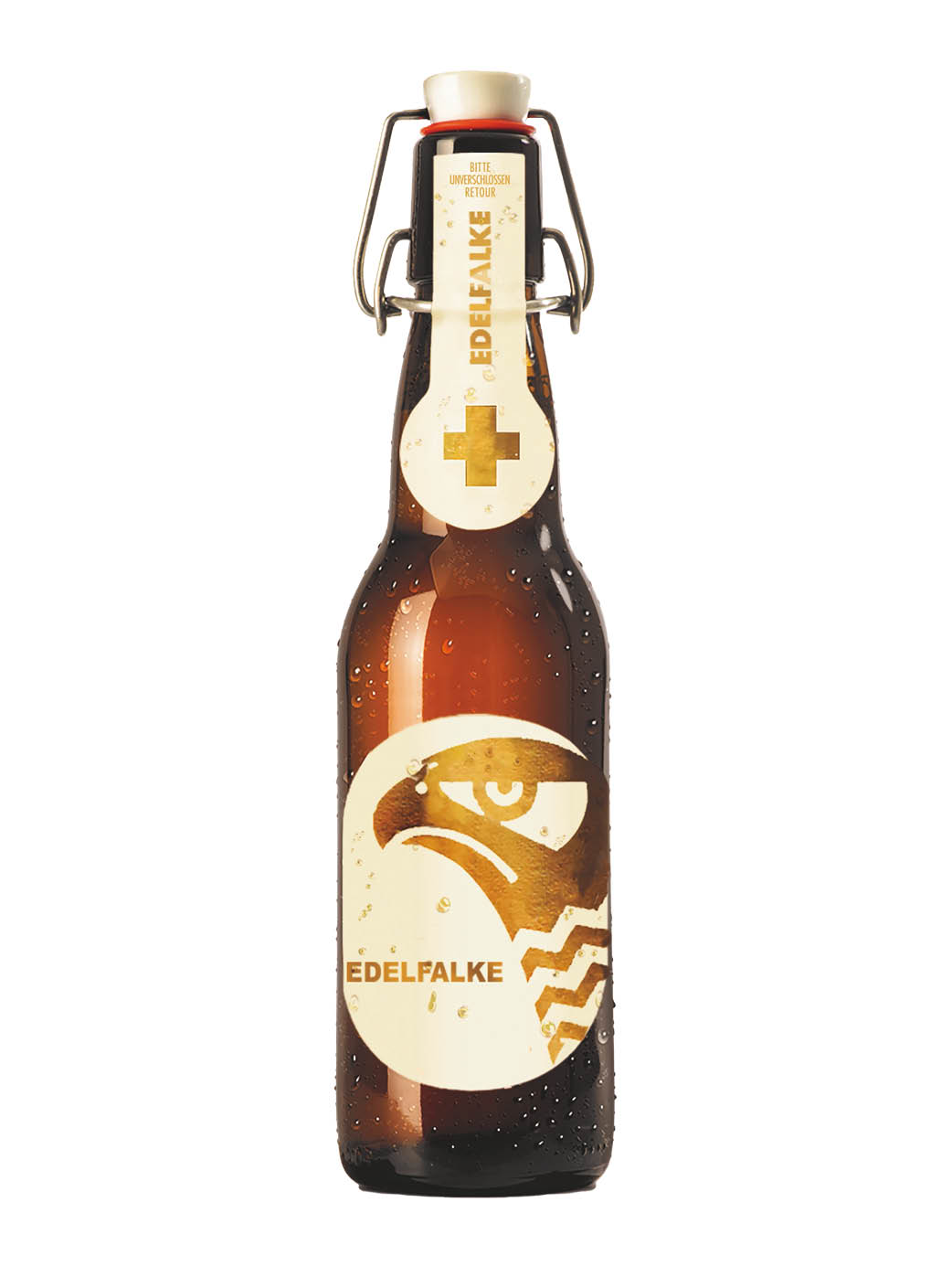 Braune Bierflasche mit Bügel, 33 cl Inhalt, abgefüllt mit dem Edelfalke Spezialbier mit goldenem Retro-Falken auf der hellen Etikette