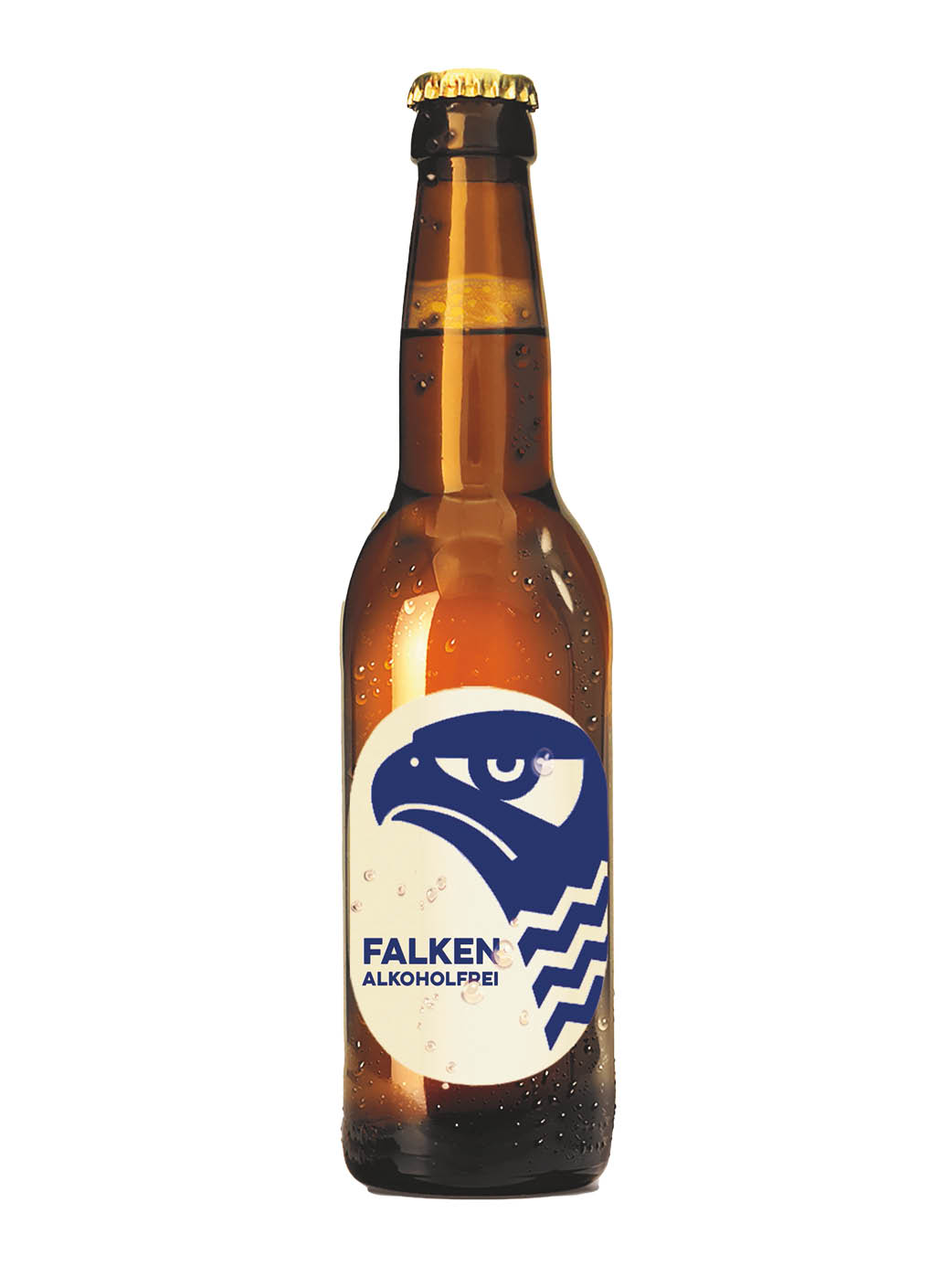Braune Bierflasche mit 33 cl Inhalt, abgefüllt mit dem hellen Falken alkoholfrei mit blauem Retro-Falken auf der hellen Etikette