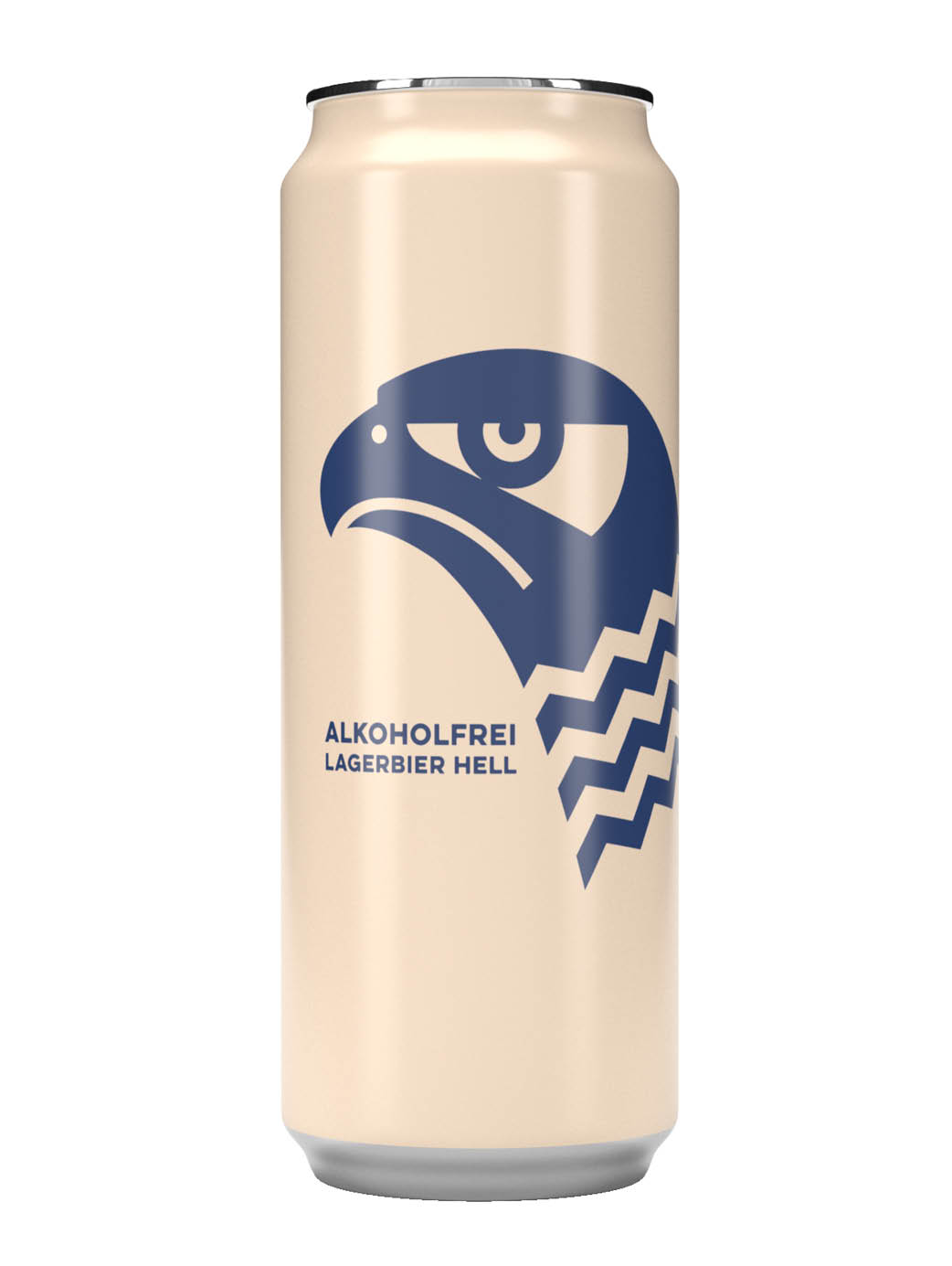 Beige Bierdose mit 50 cl Inhalt, abgefüllt mit dem hellen Falken alkoholfrei mit blauem Retro-Falken auf der hellen Dose