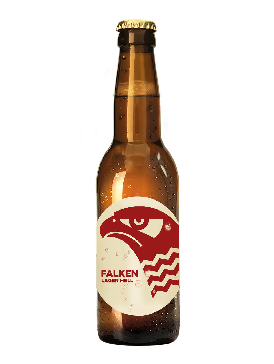 Braune Bierflasche mit 33 cl Inhalt, abgefüllt mit dem hellen Falken Lager mit rotem Retro-Falken auf der hellen Etikette