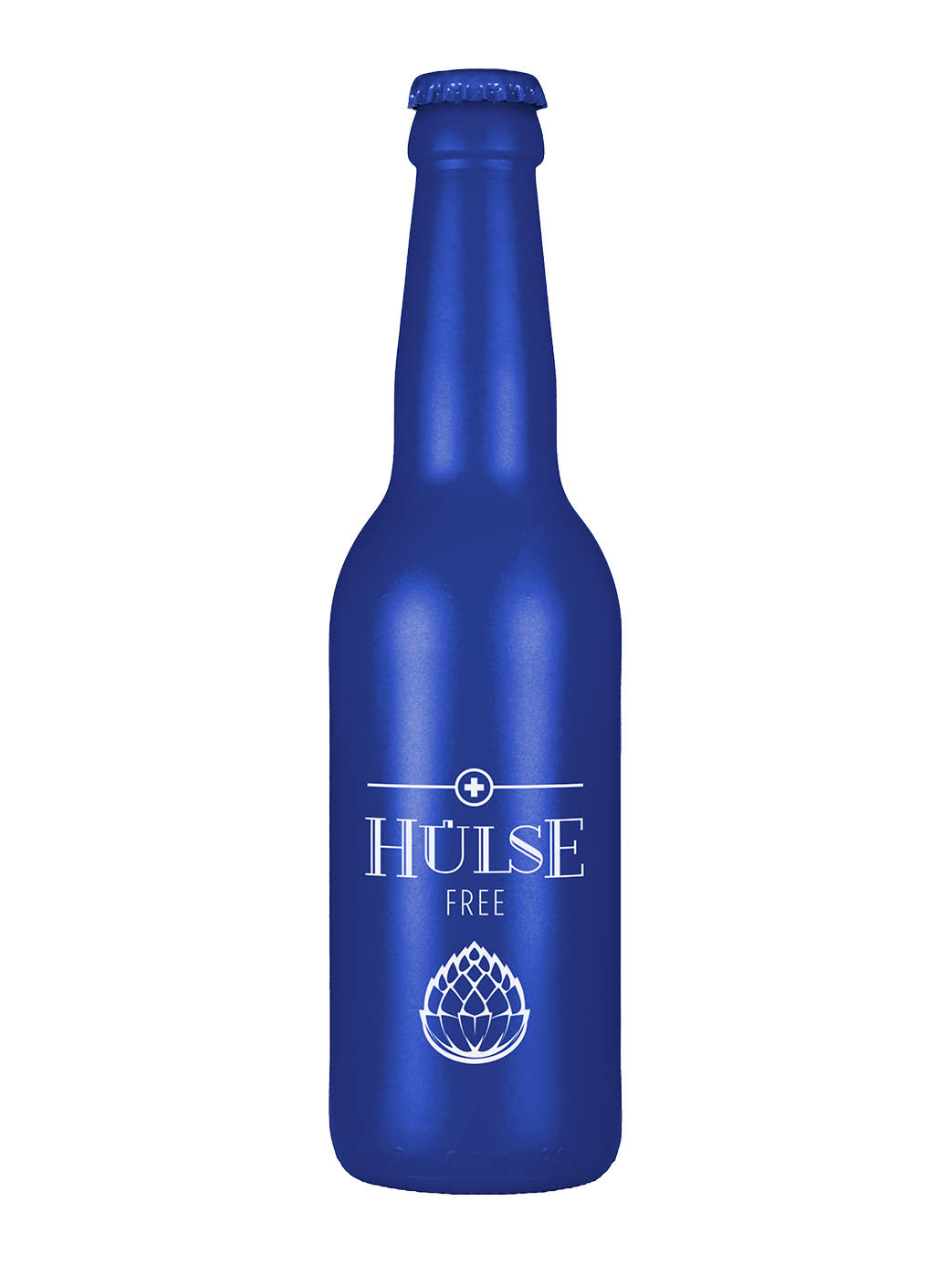 Blaue Bierflasche mit 33 cl Inhalt, abgefüllt mit dem Hülse Free, alkoholfreies helles Lagerbier mit illustriertem Hopfen auf der Flasche