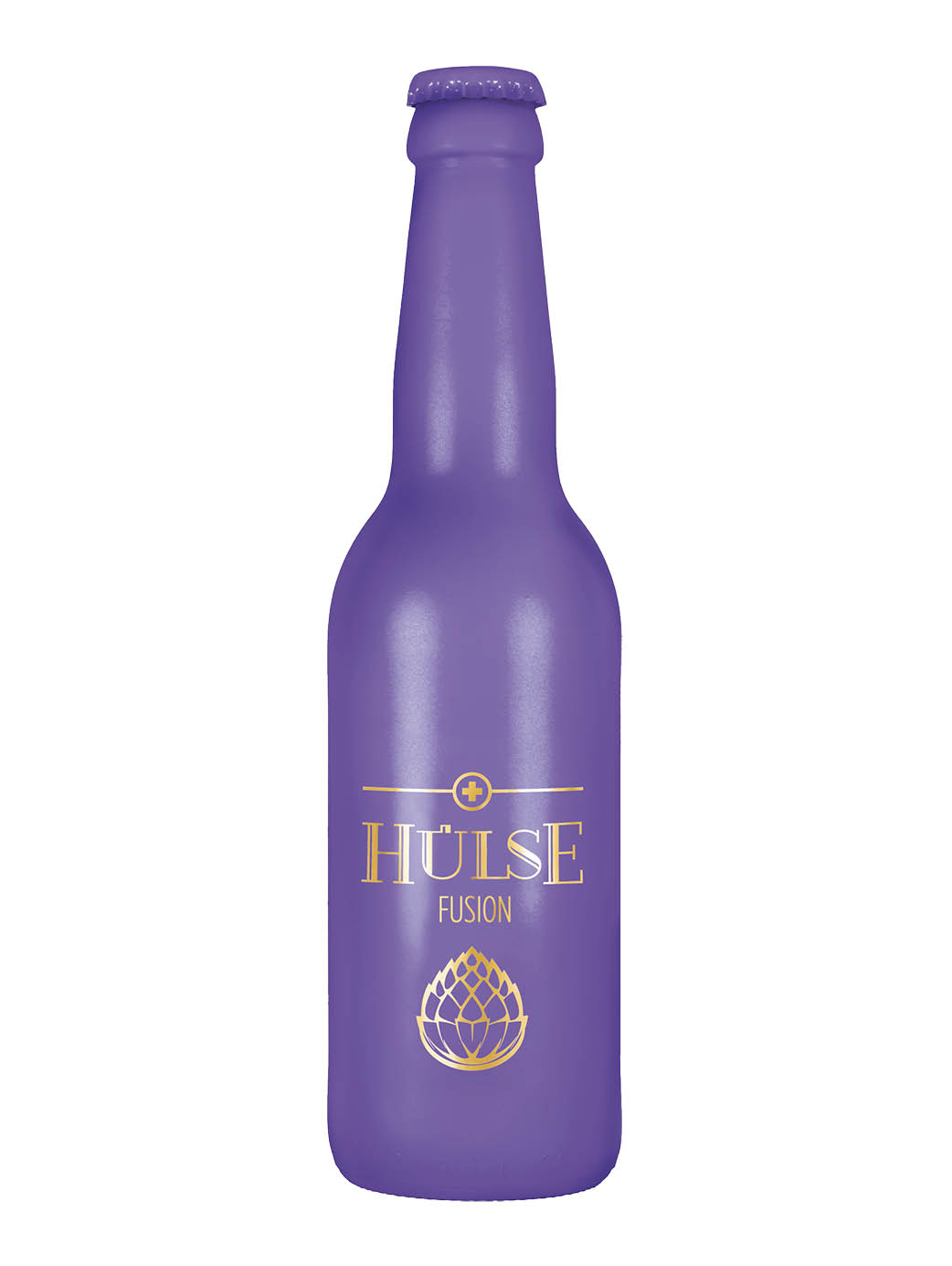 Lila Bierflasche mit 33 cl Inhalt, abgefüllt mit dem Hülse Fusion, Biermischgetränk (35% Bier, 65% Moscato Spumante) mit illustriertem Hopfen auf der Flasche
