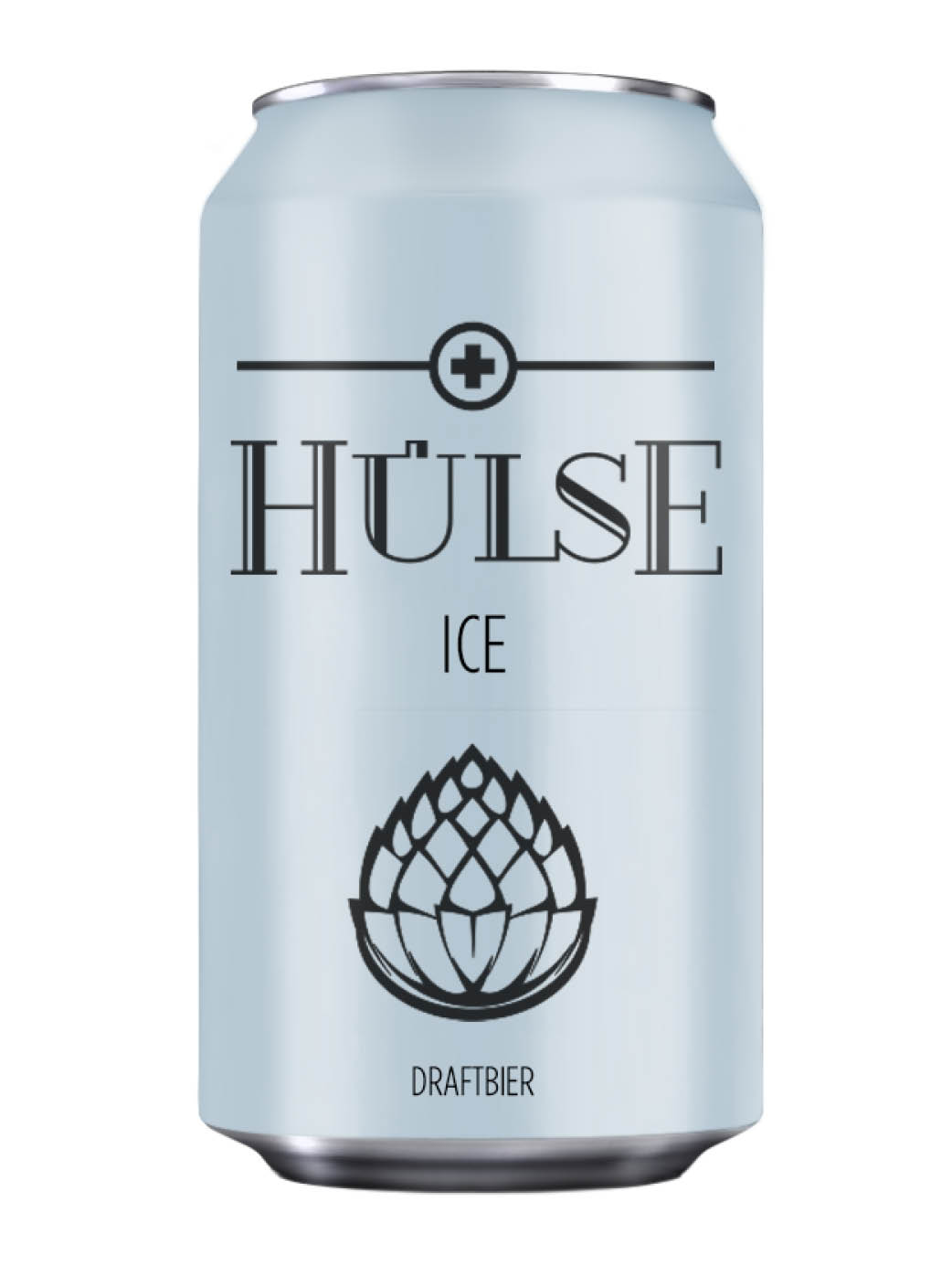 Weisse Bierdose mit 33 cl Inhalt, abgefüllt mit dem Hülse Ice mit illustriertem Hopfen auf der Dose