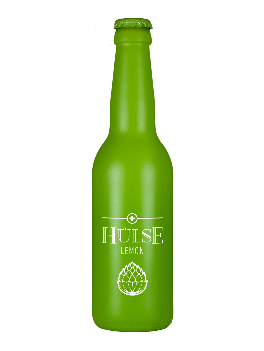 Grüne Bierflasche mit 33 cl Inhalt, abgefüllt mit dem Hülse Lemon, Bier-Mischgetränk (Panaché) mit illustriertem Hopfen auf der Flasche