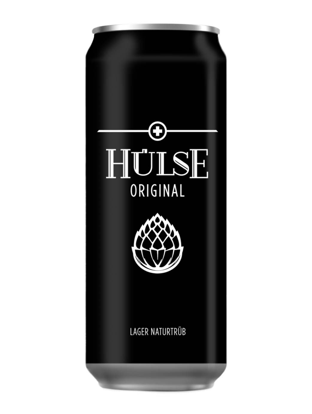 Schwarze Bierdose mit 50 cl Inhalt, abgefüllt mit dem Hülse Original, naturtrübes helles Lagerbier mit illustriertem Hopfen auf der Dose