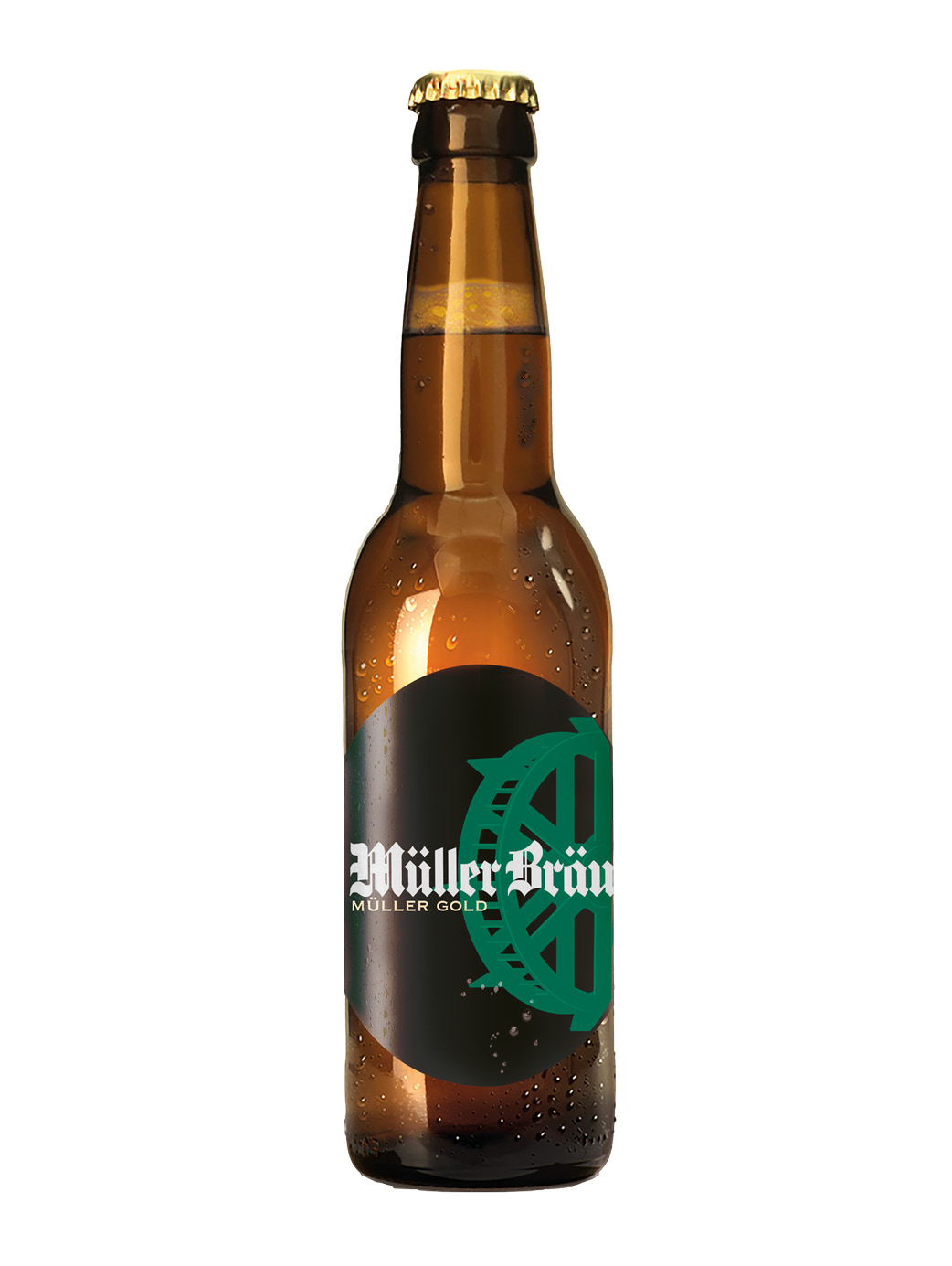 Braune Bierflasche mit 33 cl Inhalt, abgefüllt mit dem Müller Bräu Gold (Premiumbier) mit grünem Mühlerad auf der schwarzen Etikette