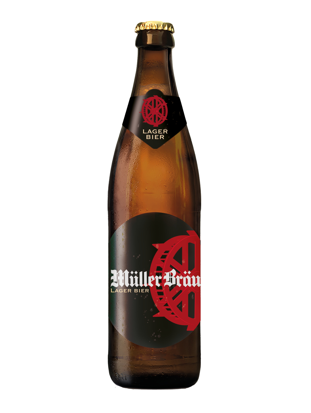 Braune Bierflasche mit 50 cl Inhalt, abgefüllt mit dem Müller Bräu Lager hell mit rotem Mühlerad auf der schwarzen Etikette