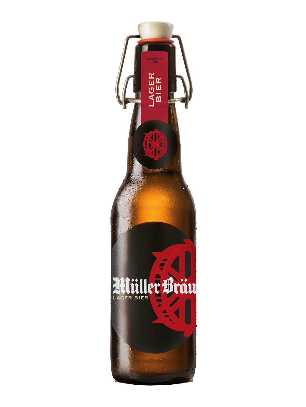 Braune Bierflasche mit Bügel, 33 cl Inhalt, abgefüllt mit dem Müller Bräu Lager hell mit rotem Mühlerad auf der schwarzen Etikette