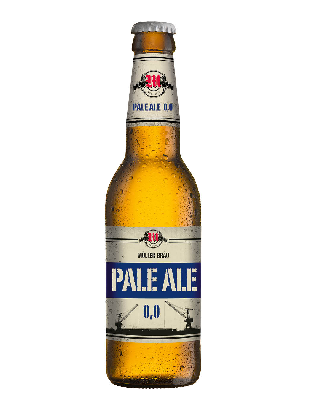 Braune Bierflasche mit 33 cl Inhalt, abgefüllt mit dem Müller Bräu Pale Ale 0.0 (alkoholfrei) und schöner Etikette welche auf die lange Geschichte des Pale Ale hindeutet