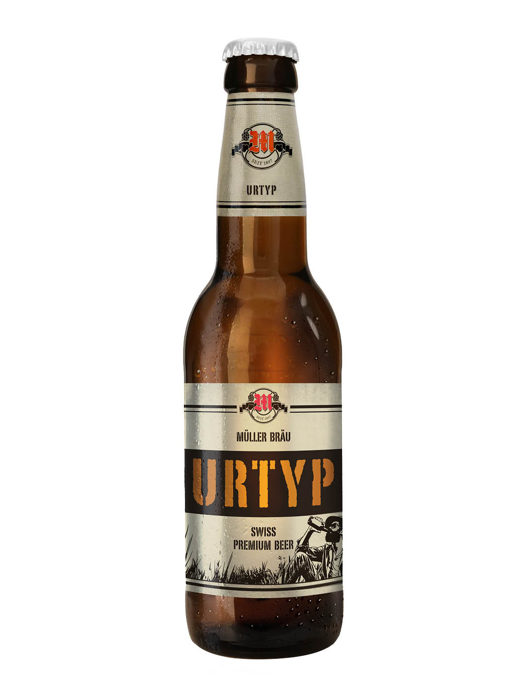 Braune Bierflasche mit 33 cl Inhalt, abgefüllt mit dem Müller Bräu Urtyp und schöner Etikette mit illustriertem Farmer