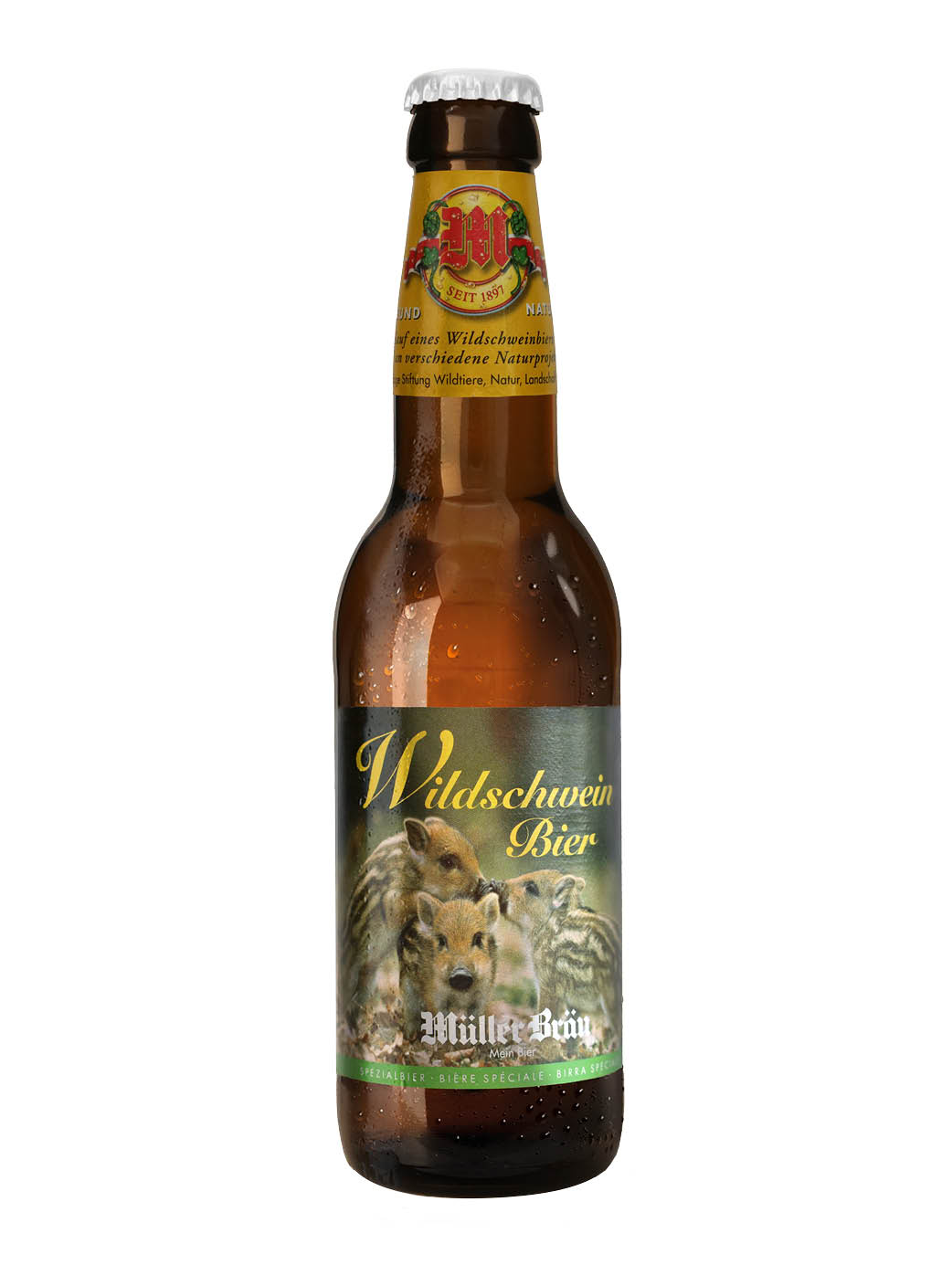 Braune Bierflasche mit 33 cl Inhalt, abgefüllt mit dem Müller Bräu Wildschweinbier (Spezialbier)