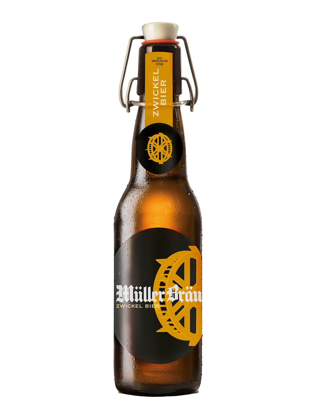 Braune Bierflasche mit Bügel, 33 cl Inhalt, abgefüllt mit dem Müller Bräu Zwickel mit gelbem Mühlerad auf der schwarzen Etikette