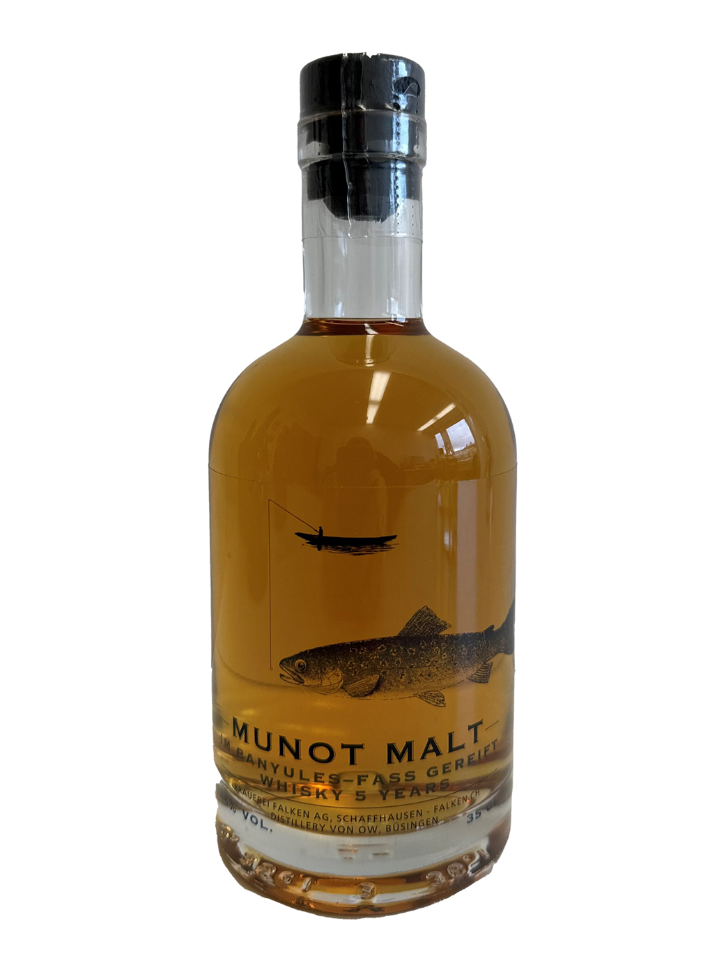 Durchsichtige Flasche mit 33 cl Inhalt, abgefüllt mit dem Falken Munot Malt Banyules 5 Years.