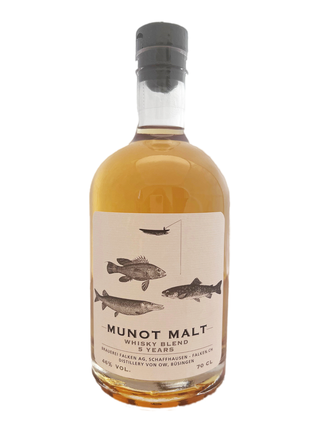 Durchsichtige Flasche mit 70 cl Inhalt, abgefüllt mit dem Falken Munot Malt Blend 5 Years. 