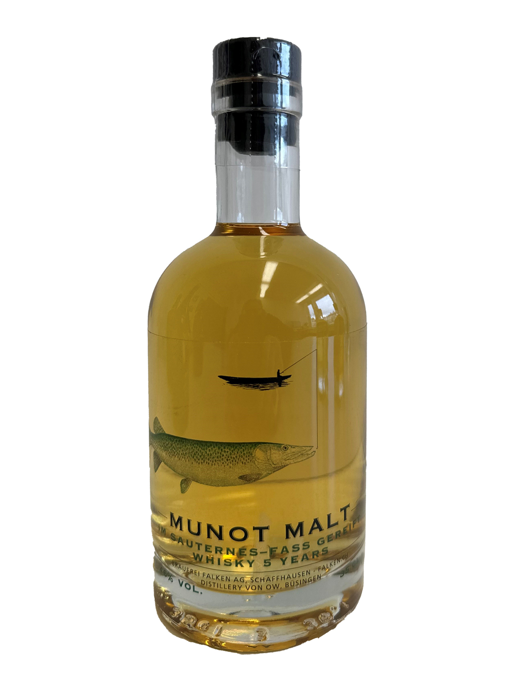 Durchsichtige Flasche mit 33 cl Inhalt, abgefüllt mit dem Falken Munot Malt Sauternes 5 Years.