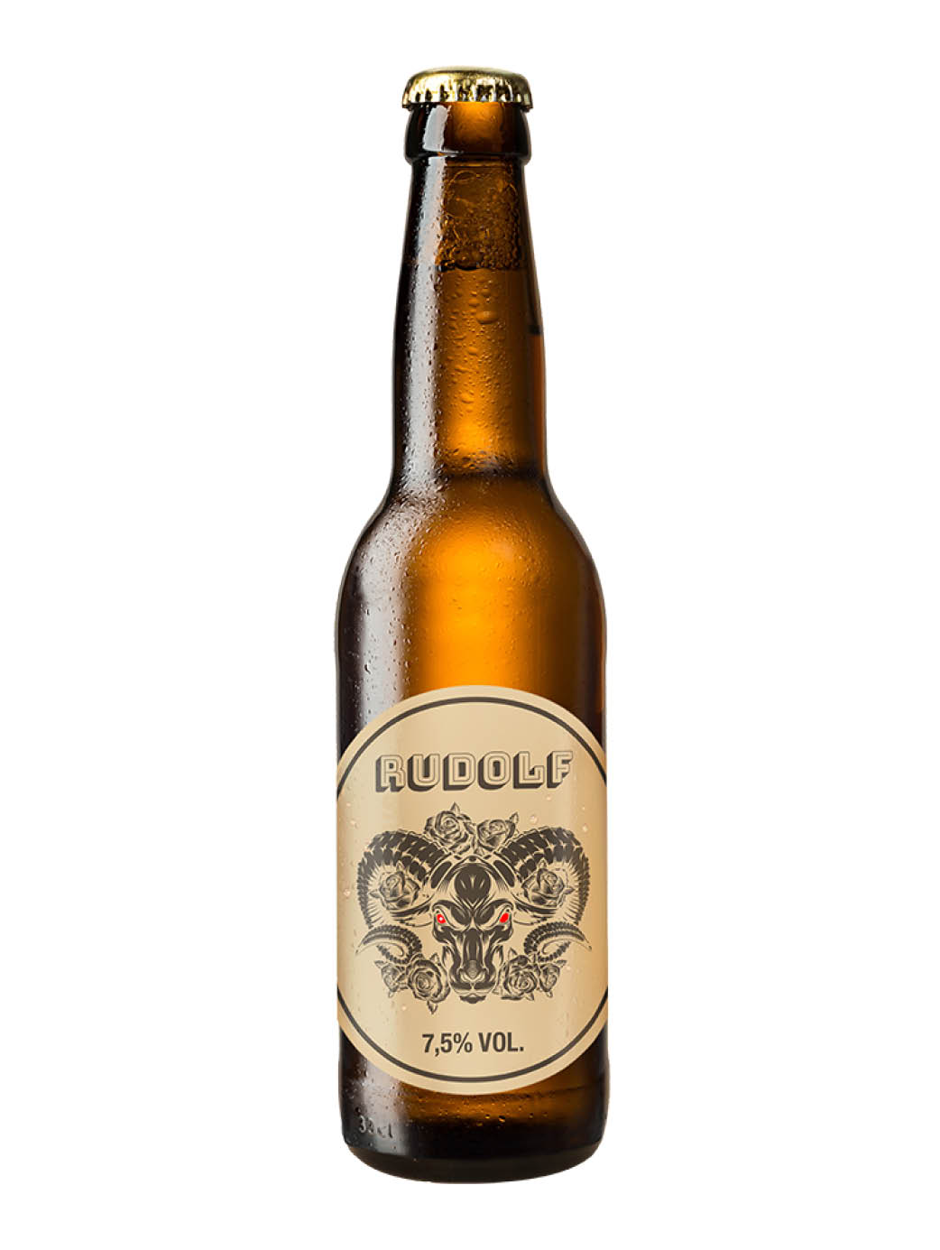 Braune Bierflasche mit 33 cl Inhalt, abgefüllt mit dem Starkbier Rudolf mit illustriertem Bock auf der Etikette