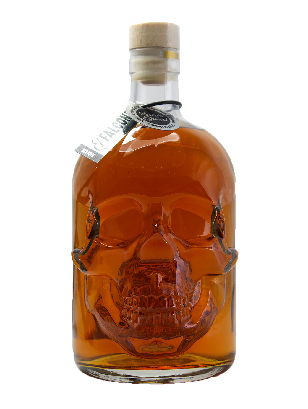 Durchsichtige Flasche im Totenkopf-Look mit 70 cl Inhalt, abgefüllt mit dem Falken El Falcone.