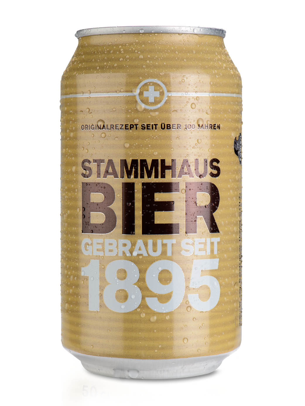 Braune Bierdose mit 33 cl Inhalt, abgefüllt mit dem Stammhaus 1895, naturbelassenes helles Lagerbier