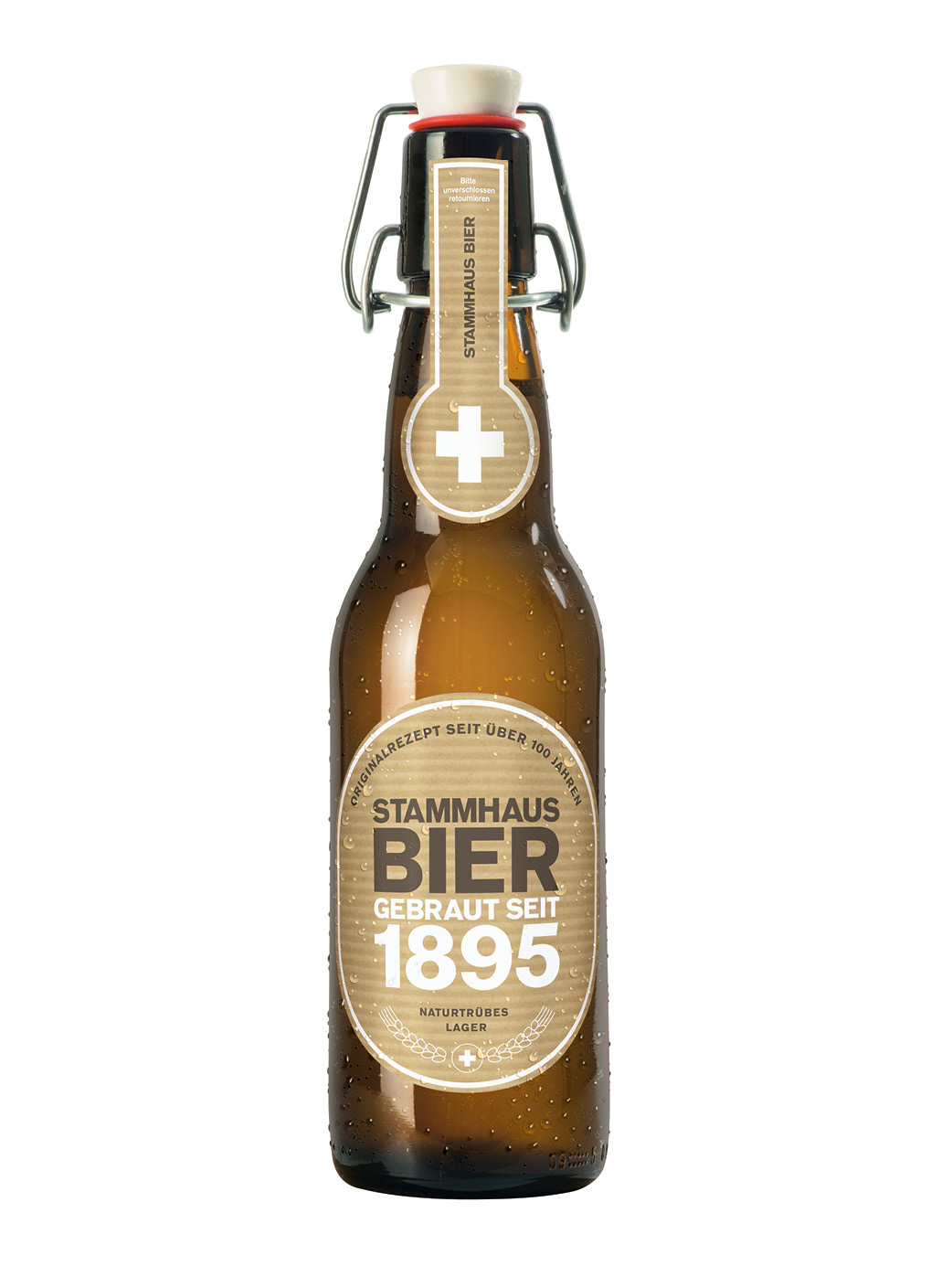 Braune Bierflasche mit Bügel, 33 cl Inhalt, abgefüllt mit dem Stammhaus 1895, naturbelassenes helles Lagerbier