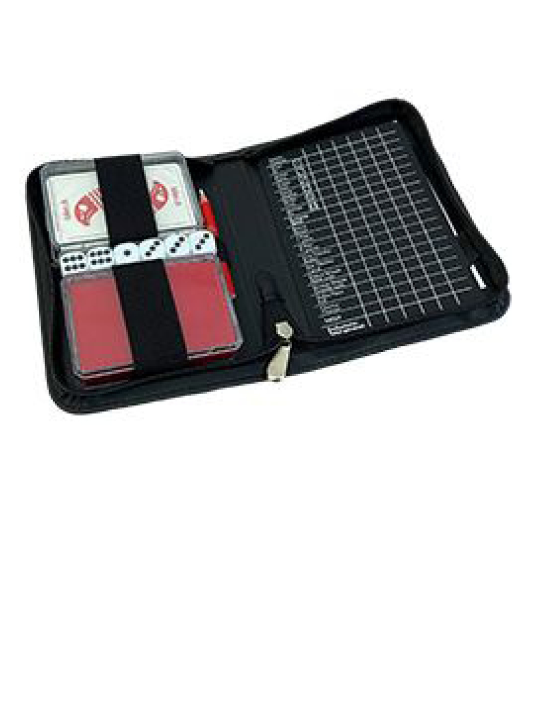 Im edlen schwarzen Etui befindet sich ein Jass-Set und 6 Spielwürfel, sowie eine Kreidetafel, ein Schwamm und ein Kreidestift. 