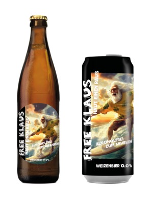 Flasche und Dose des Free Klaus Weizen mit illustrierter Etikette mit Klaus auf dem Surfbrett