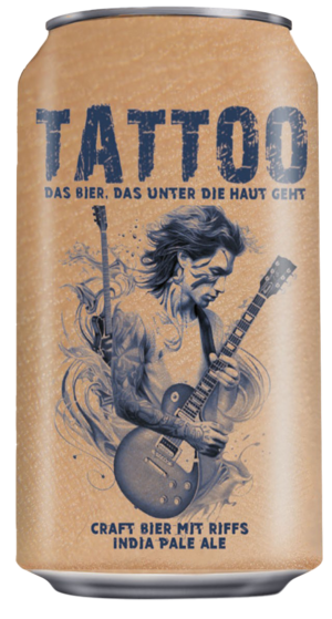 Braune Dose des Tattoo India Pale Ale mit blauem Aufdruck, ähnlich eines Tattoos eines Gitarrenspielers